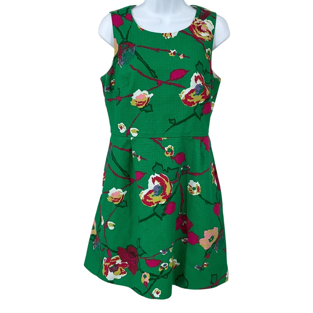 J.Crew Dress Womens 8 Green Cotton Floral Sleeveless Fit Flare Career Botanical